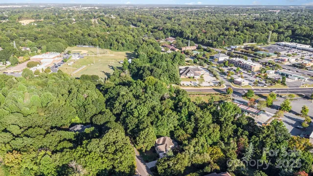 a view of a city with lush green forest