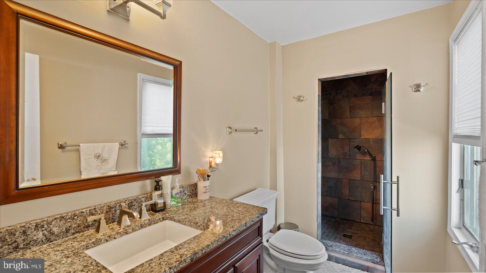 9905 Magledt Road Baltimore, MD 21234 - Photo 25 of 45 a bathroom with a granite countertop sink toilet a mirror and shower