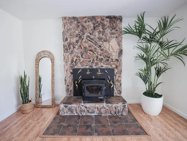 a living room with a potted plant