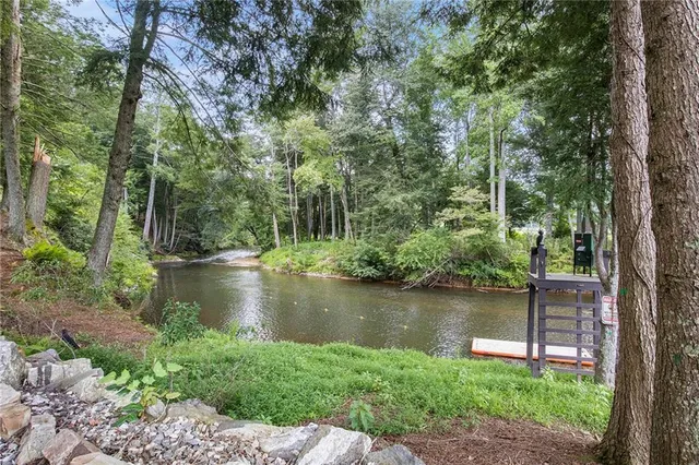 a view of a yard with an tree and table
