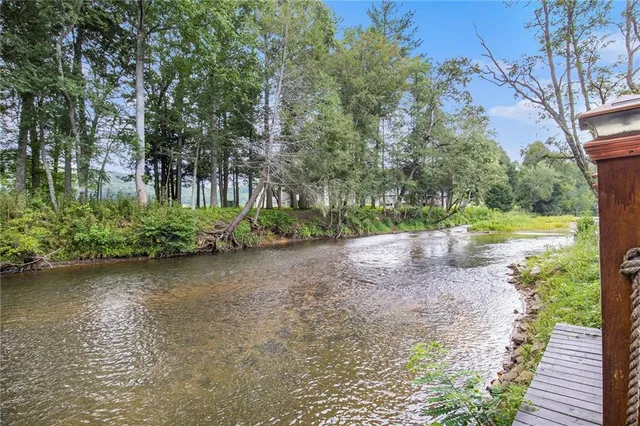 a view of a big yard with swimming pool and green space