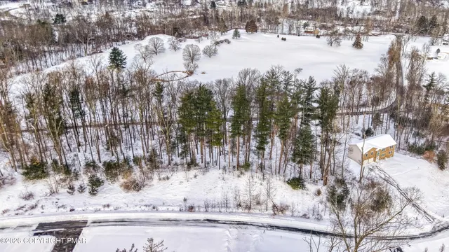 a view of a yard with snow on the road