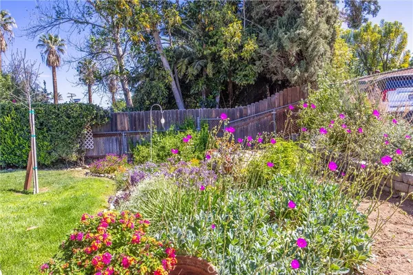 a view of a flower in a garden with statue
