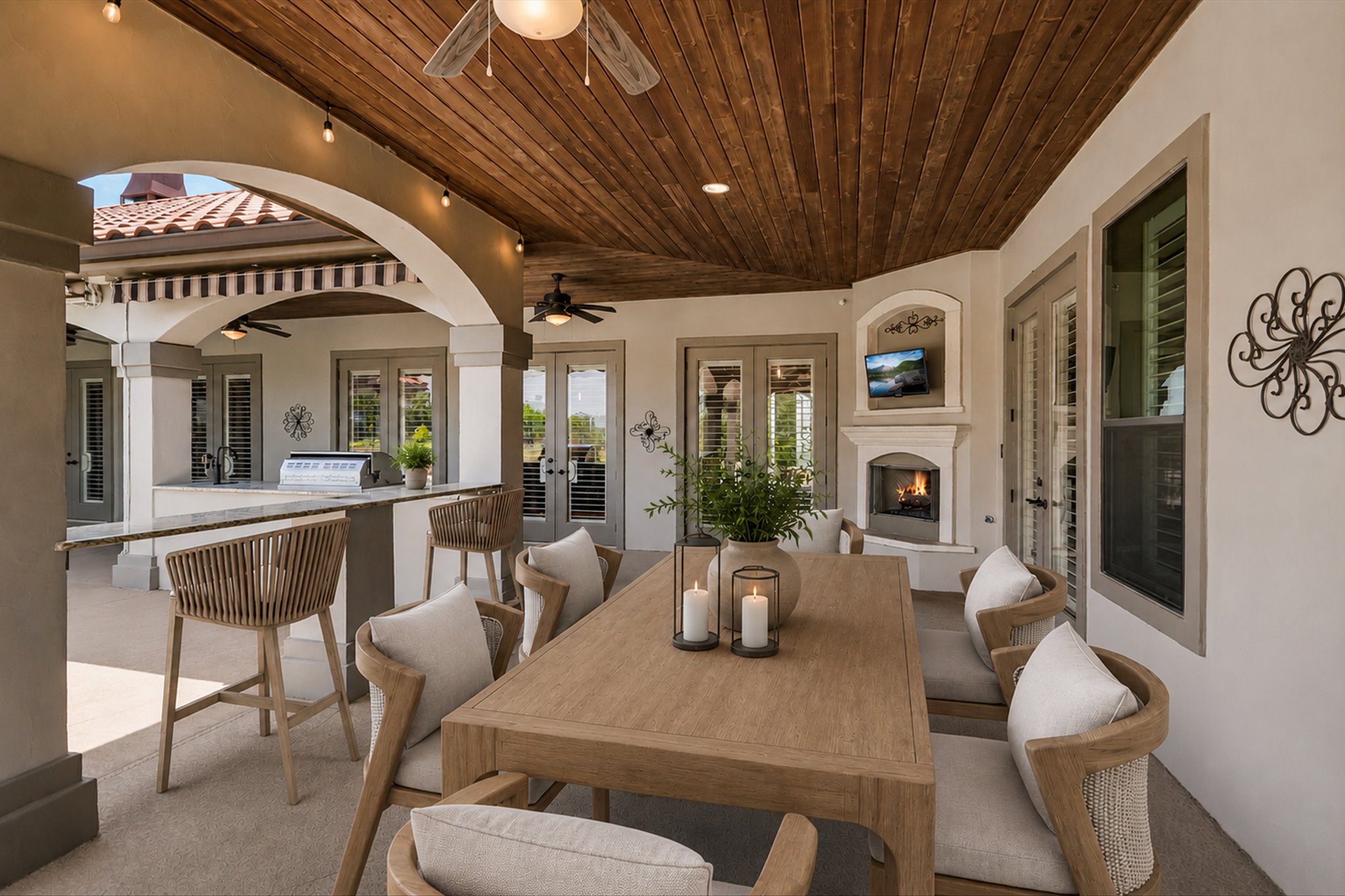 228 Puzzle Pass Spring Branch, TX 78070 - Photo 28 of 35 Virtually staged. Outdoor dining by the pool with the comfort of a cozy fireplace.
