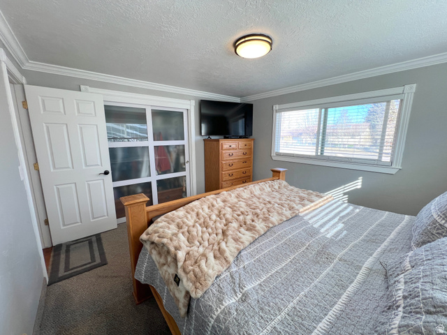 1852 East 3500th Street South Vernal, UT 84078 - Photo 27 of 46 Bedroom with crown molding, a textured ceiling, and dark carpet