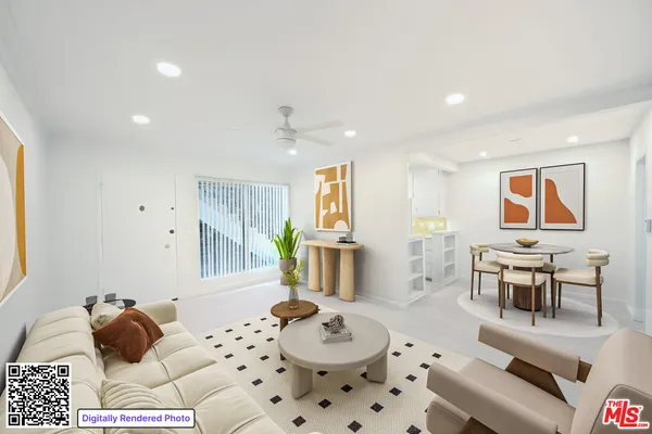 a living room with furniture and a table