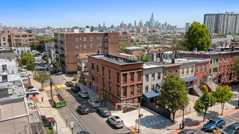 a city view with tall buildings