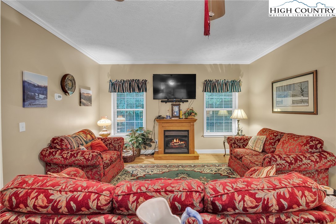 3786 Peak Road Creston, NC 28615 - Photo 26 of 44 a living room with furniture a flat screen tv and a fireplace