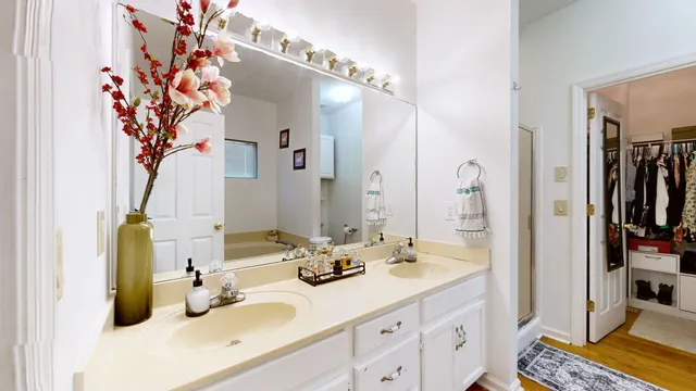 a bathroom with a double vanity sink mirror and shower
