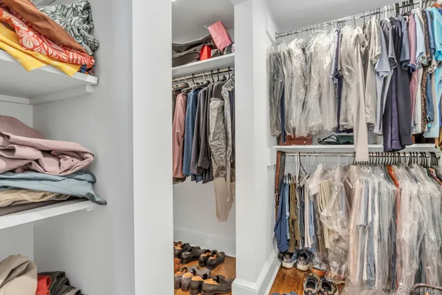 a view of walk in closet with clothes and shoes