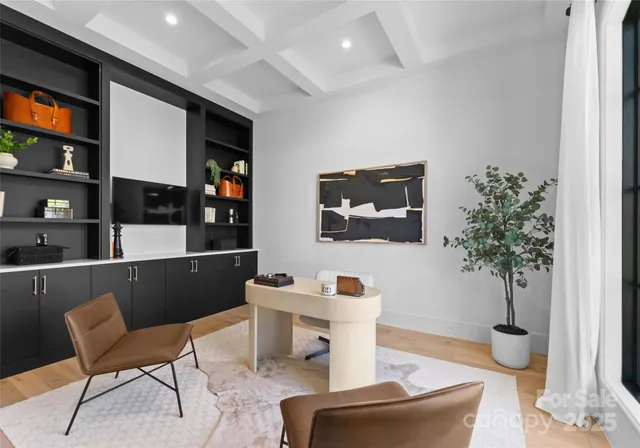 a hallway with cabinets and wooden floor