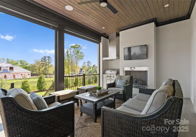 a view of a balcony with dining area