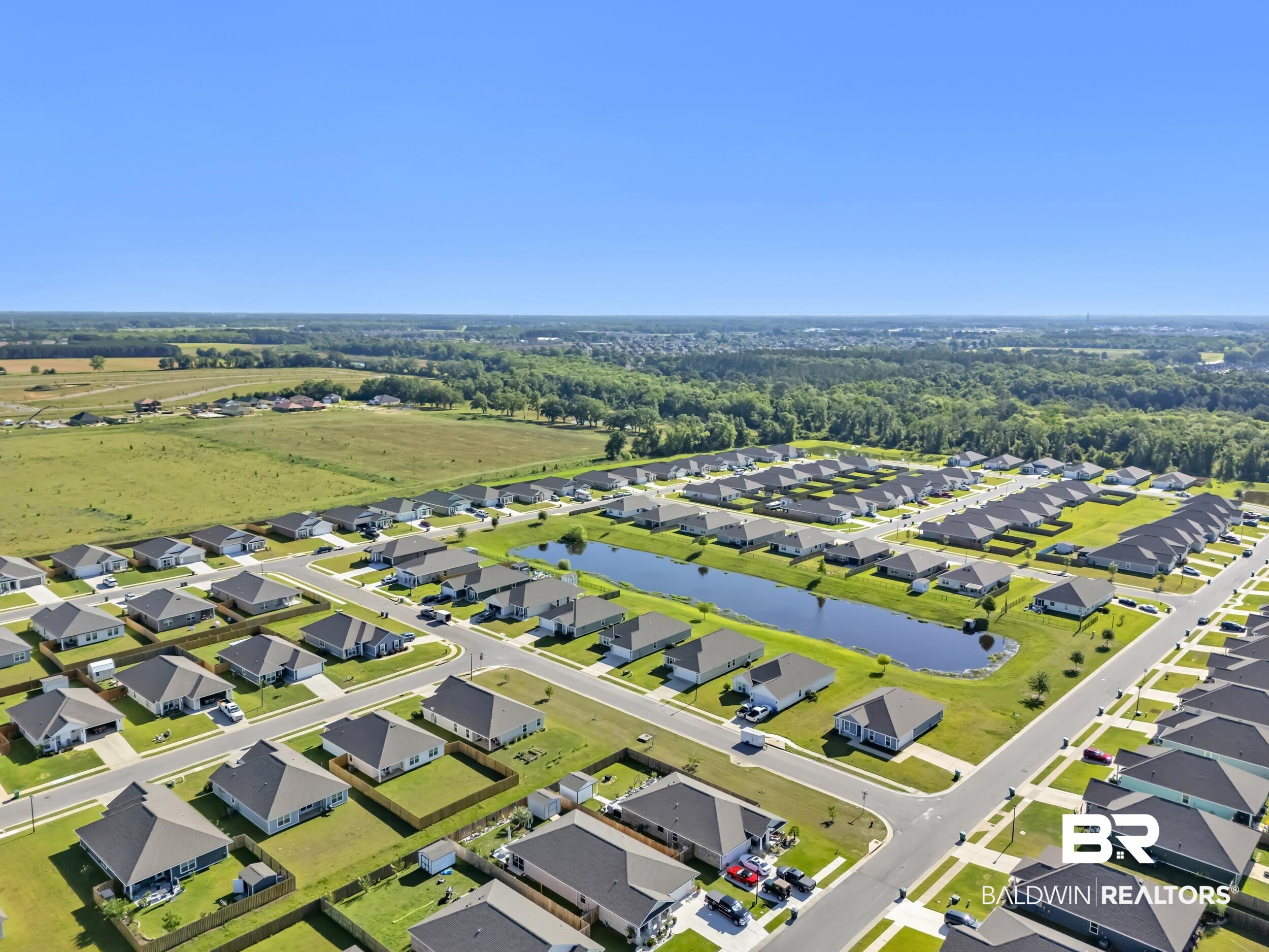 1228 Caper Avenue Foley, AL 36535 - Photo 54 of 54 Residential community featuring single-story homes, paved streets, and a central water retention pond