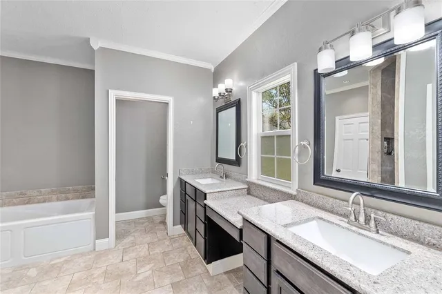 a bathroom with a granite countertop double vanity sink a mirror and a bathtub