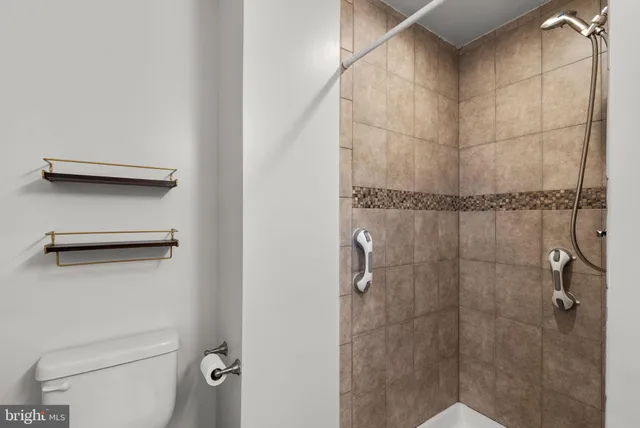 a bathroom with a shower and toilet