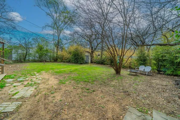 a view of a backyard with table and chairs potted plants and a large tree