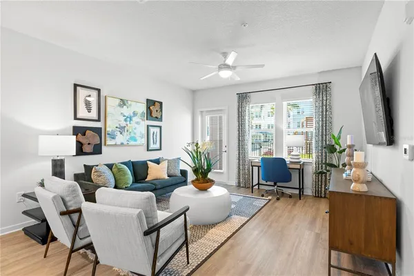 a living room with furniture and a potted plant