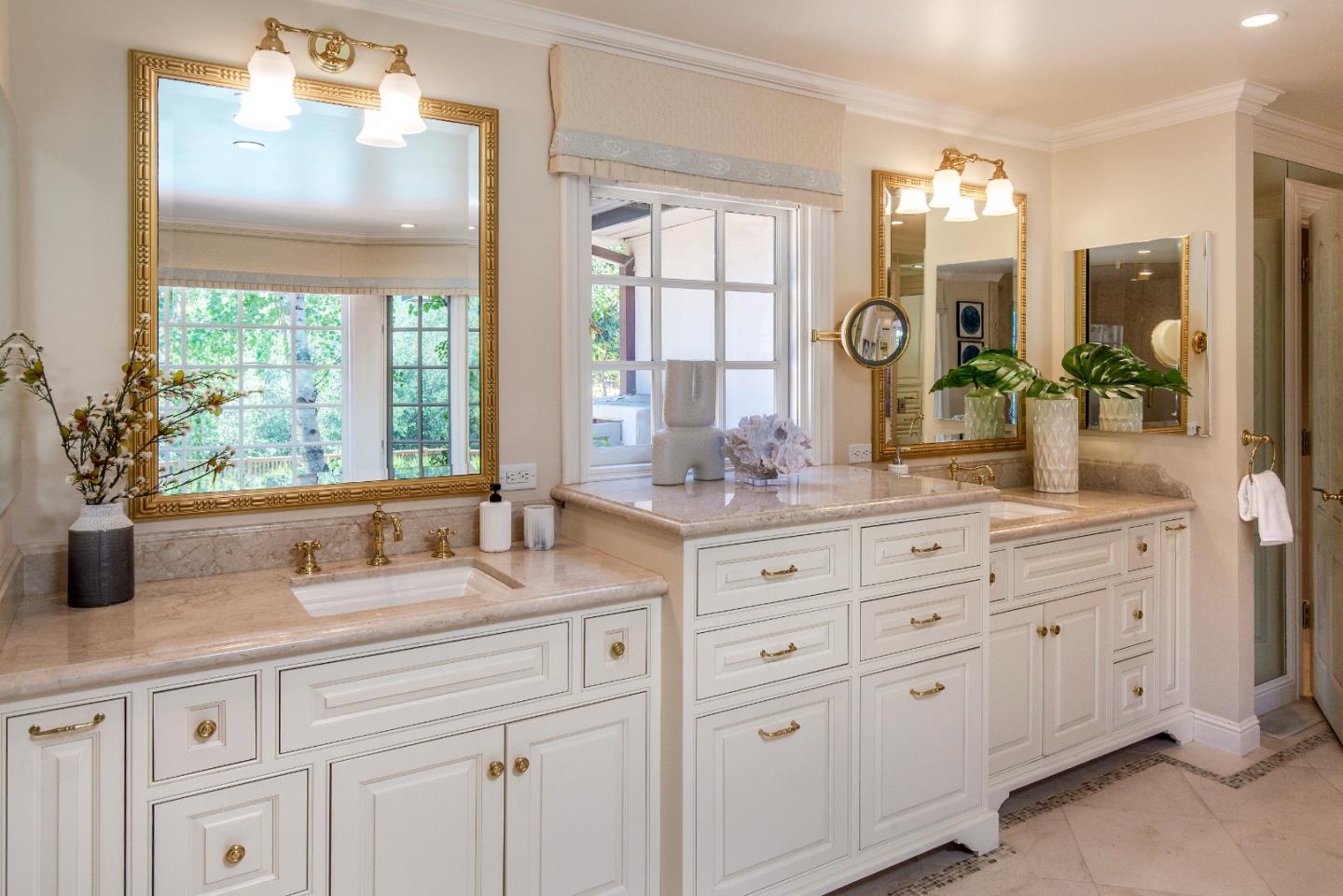 165 Farm Road Woodside, CA 94062 - Photo 15 of 29 a bathroom with a granite countertop sink mirror and window
