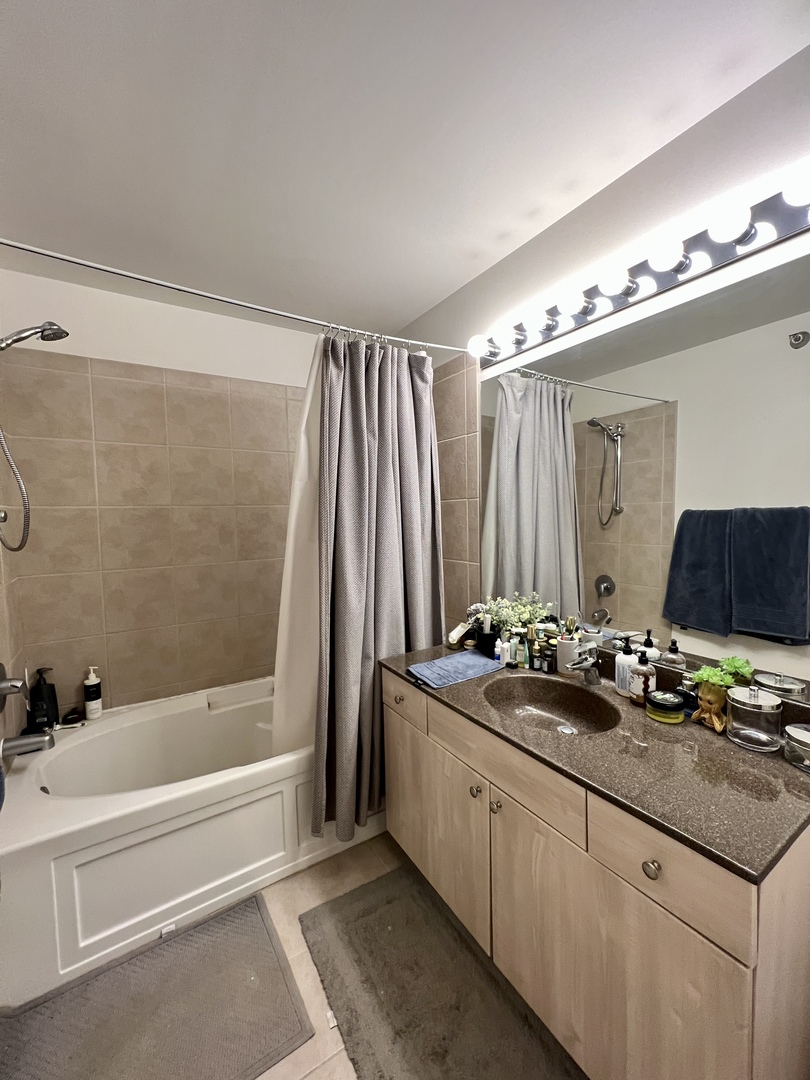 235 West Van Buren Street, Unit 3310 Chicago, IL 60607 - Photo 15 of 18 a bathroom with a double vanity sink a mirror and a bathtub