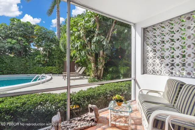 a view of a patio with chair and table