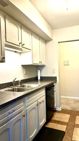 a kitchen with a sink cabinets and a window