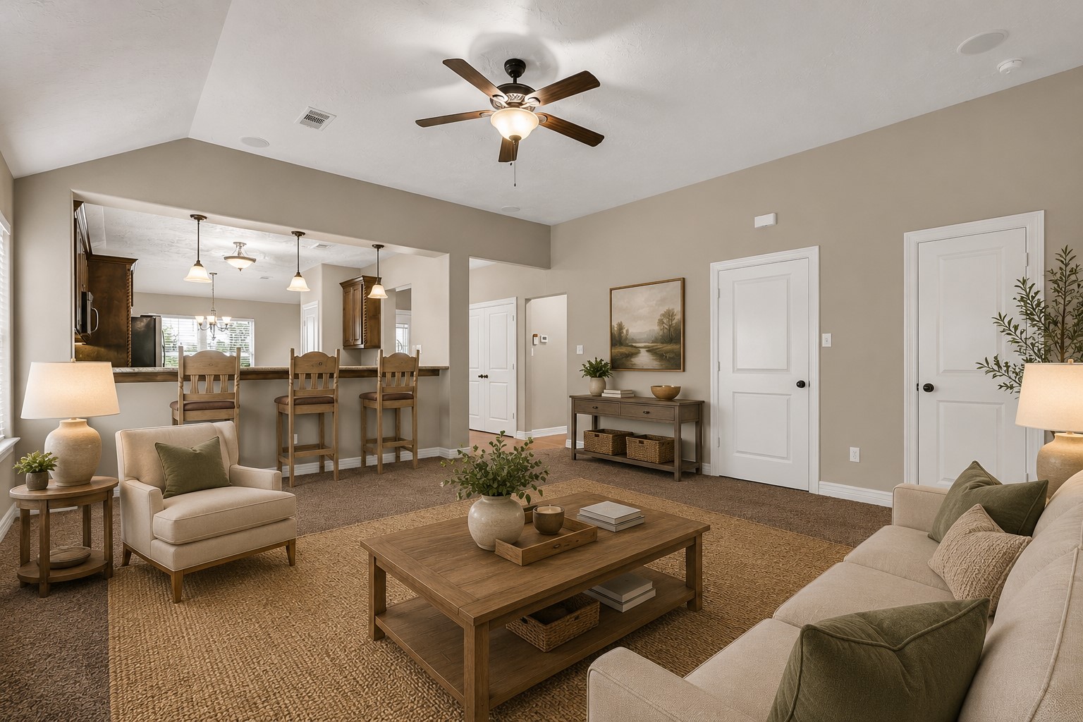 11930 Bastrop Beach Road Angleton, TX 77515 - Photo 13 of 29 Whether you're hosting friends or enjoying a quiet evening at home, this comfortable living area offers a spacious open layout with vaulted ceilings, seamless access to the kitchen, and plenty of room to relax. (Virtually Staged)