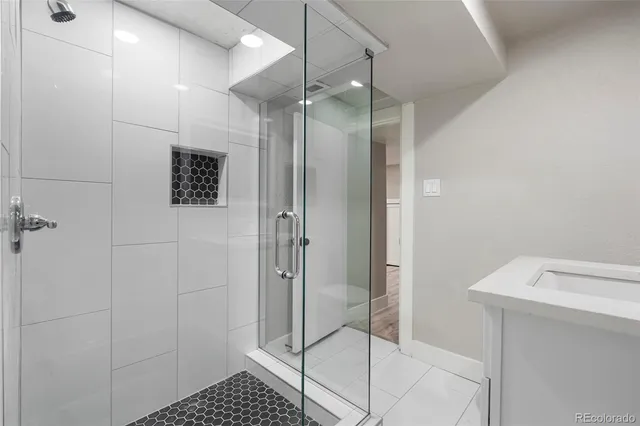 a bathroom with a shower and a sink