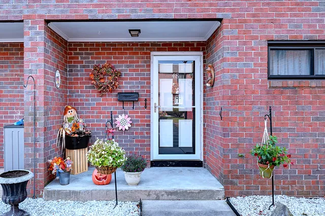 a front view of a house with plants