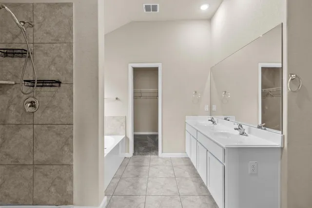 a bathroom with a double vanity sink a mirror and a shower