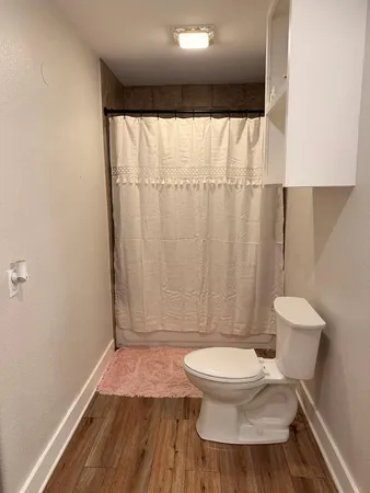 a white toilet sitting next to a shower curtain
