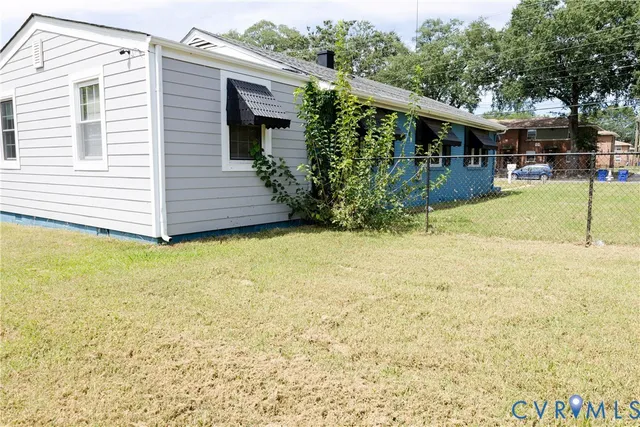 a view of a backyard with plants and large tree