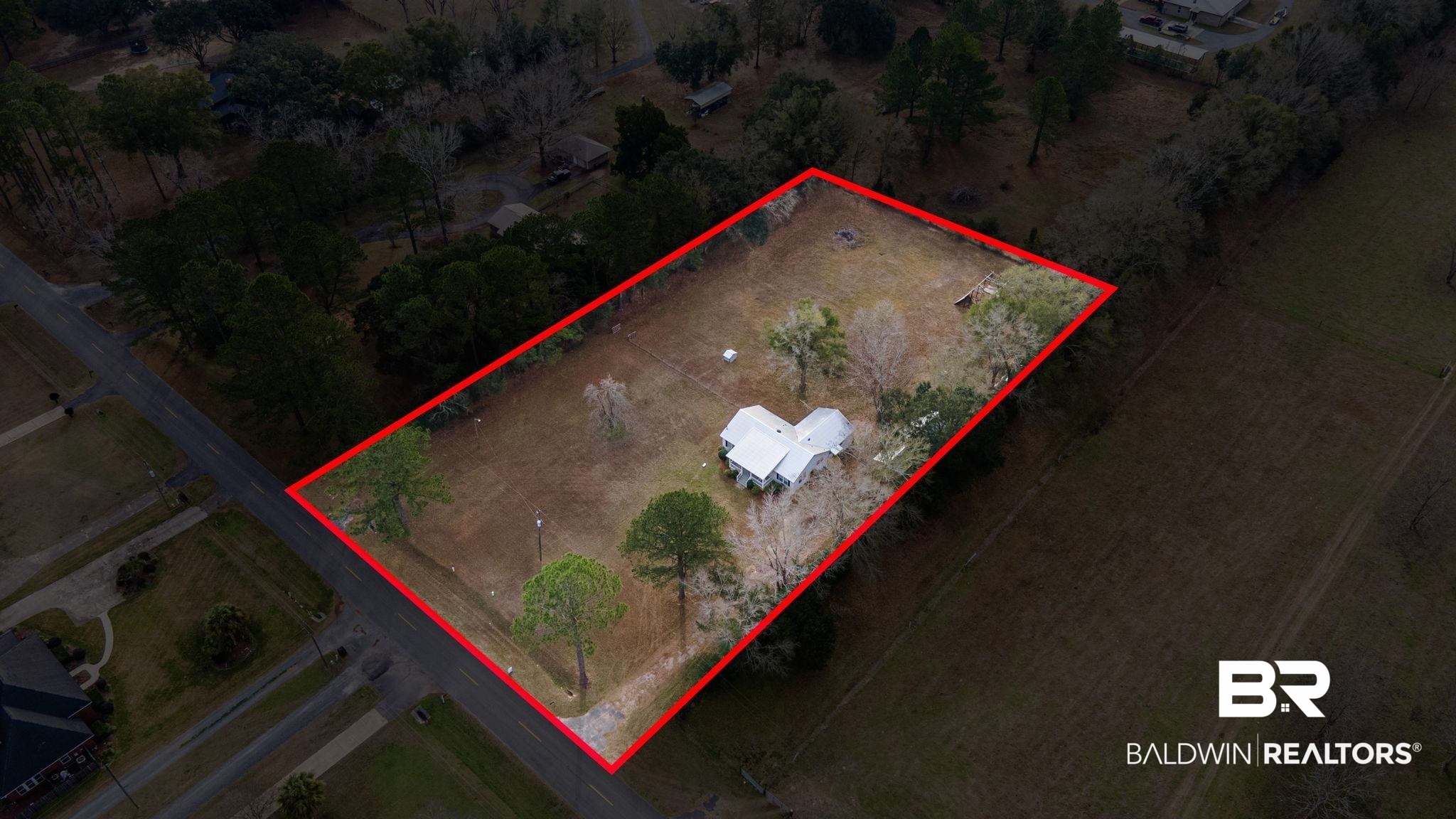 13461 Tom Gaston Road Mobile, AL 36695 - Photo 39 of 41 Aerial view of property and surrounding area with property parcel outlined and rural landscape