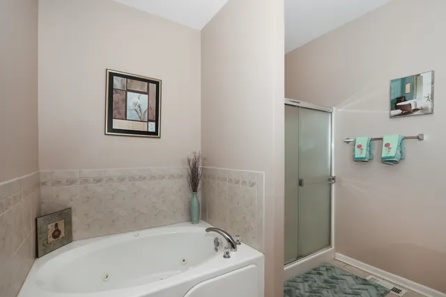 a bathroom with a bathtub and shower
