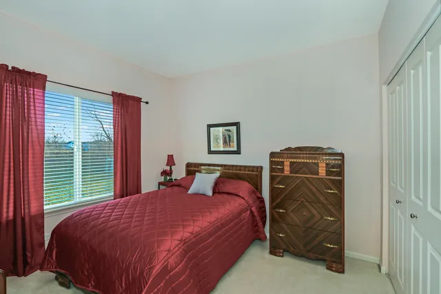 a bedroom with a bed and a closet