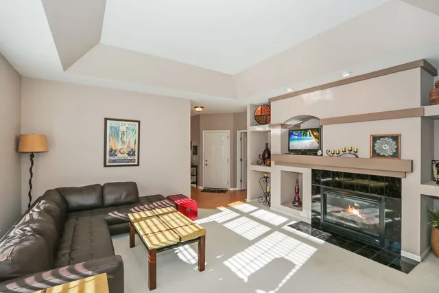 a living room with furniture and a fireplace