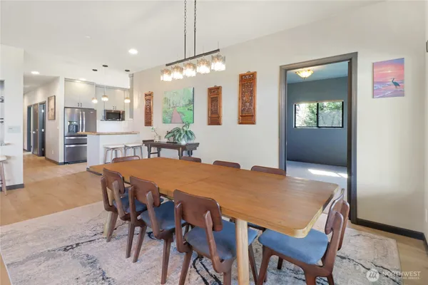 a view of a dining room with furniture