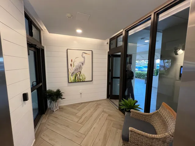 a view of a hallway with wooden floor and a potted plant