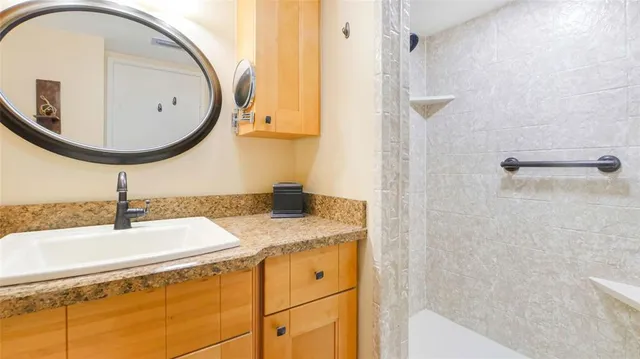 a bathroom with a granite countertop sink and a mirror