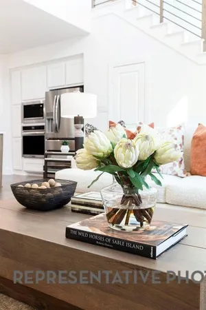 a living room with furniture and a potted plant