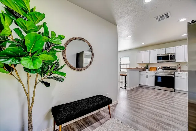 a kitchen with stainless steel appliances a stove a microwave and a potted plant