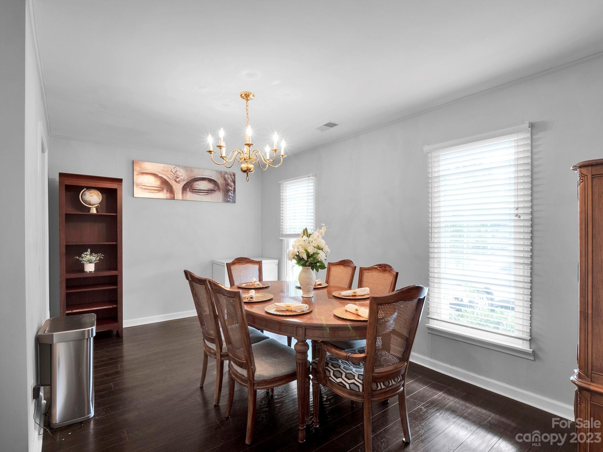 8072 Knights Bridge Road Charlotte, NC 28210 - Photo 4 of 23 a dining room with furniture wooden floor a chandelier and a window