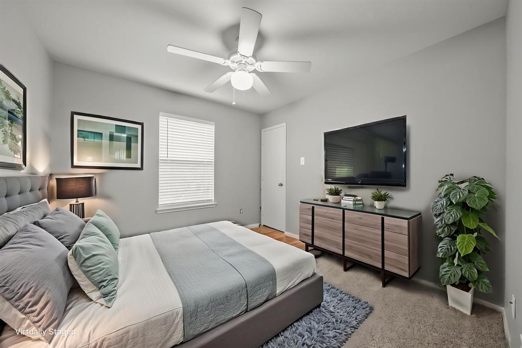 834 Hazel's Way Anna, TX 75409 - Photo 14 of 21 Bedroom featuring a ceiling fan, window with blinds, and carpeted flooring