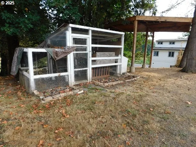 a view of a yard with plants and trees