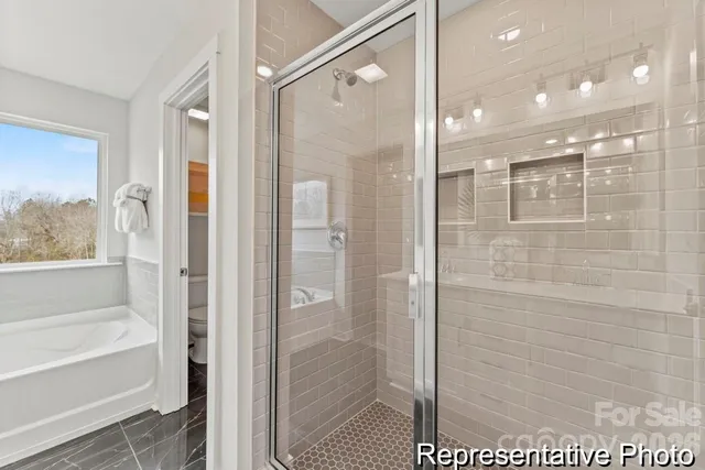 a bathroom with a shower and a bath tub