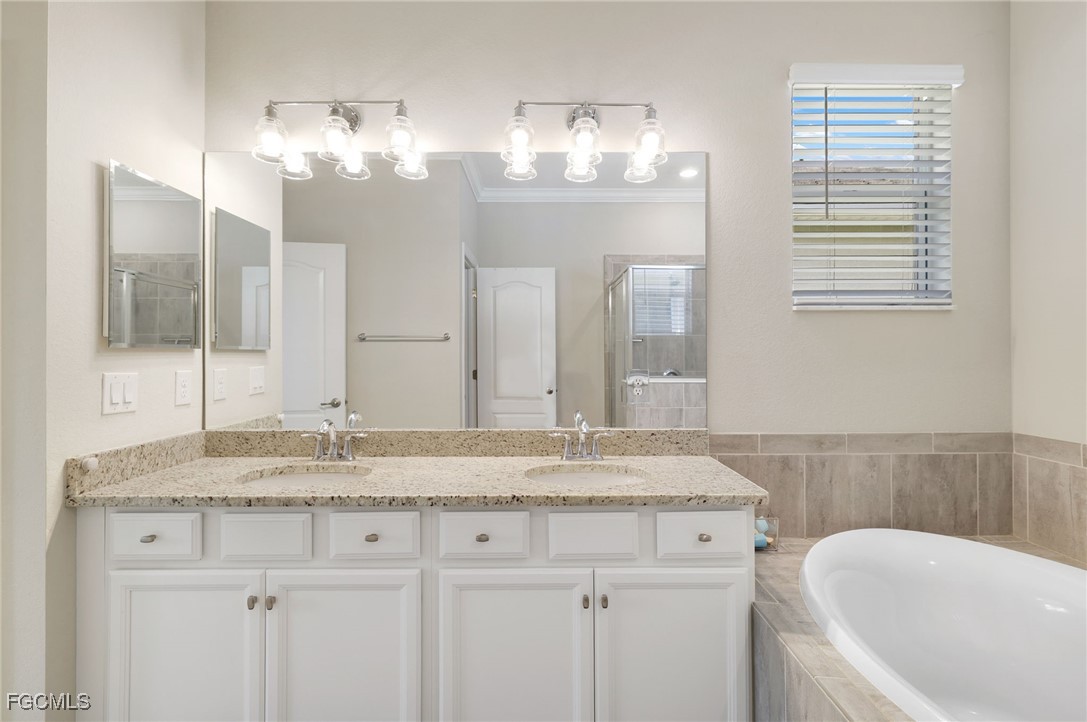 9778 Mirada Boulevard Fort Myers, FL 33908 - Photo 19 of 29 a bathroom with a granite countertop sink a large mirror and a bathtub