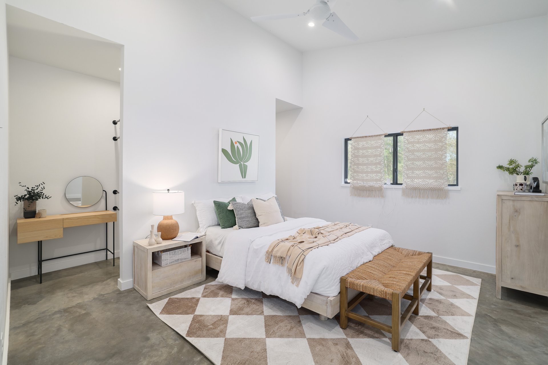 1310 Green Street Lockhart, TX 78644 - Photo 20 of 25 Bedroom featuring a high ceiling, concrete flooring, ceiling fan, and recessed lighting