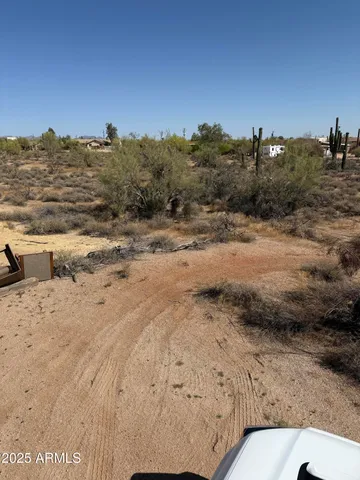 a view of a dry yard with wooden fence