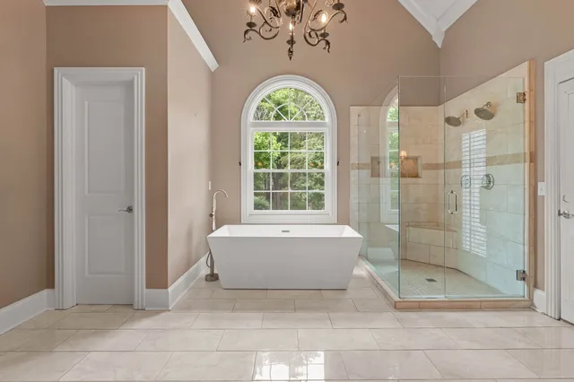 a bathroom with a bathtub and a shower