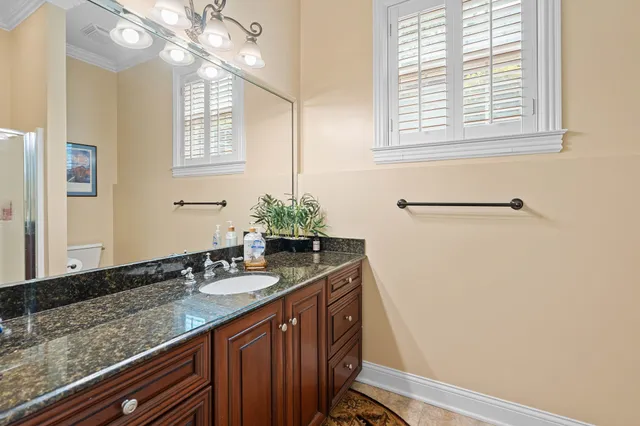 a bathroom with a granite countertop sink a mirror and a shower