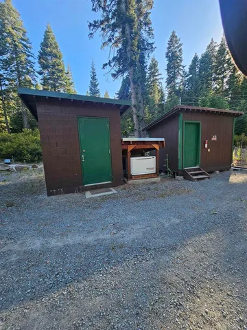 a view of a backyard with large trees